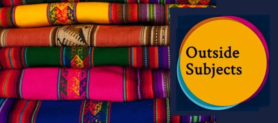 Stack of books with outside subjects logo