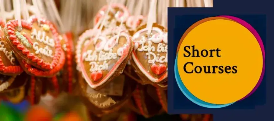 Bunch of heart-shaped cookies hanging off somewhere with Short Courses logo on top of image