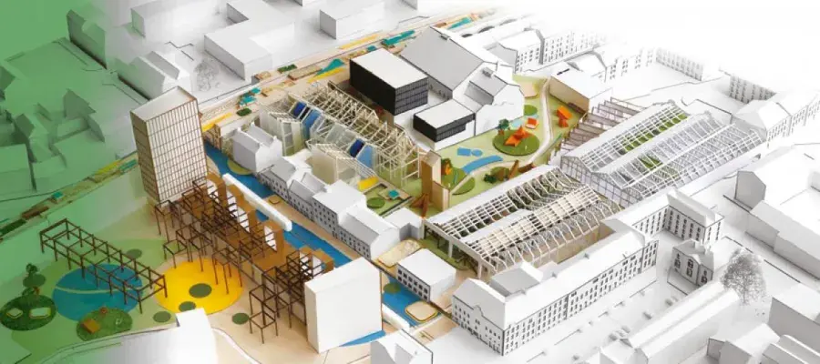 Illustrated building complex plan from above