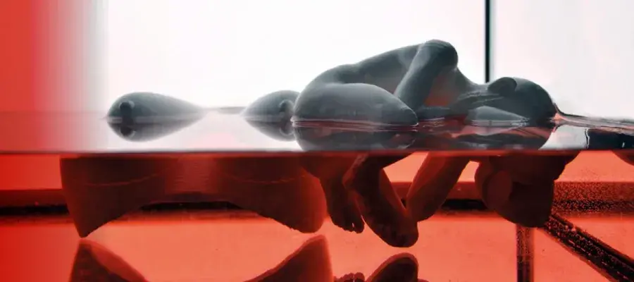 Stone carving half submerged in coloured liquid