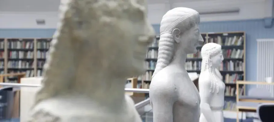Marble bust statues in a library