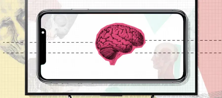 Conceptual illustration of a brain on a mobile phone screen 