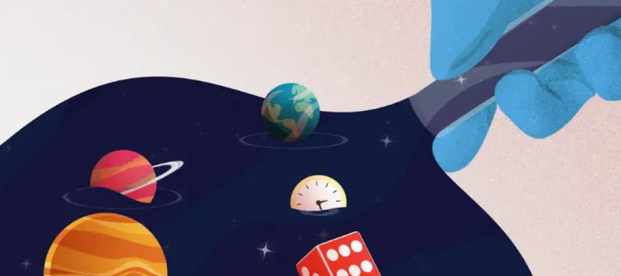 Conceptual illustration of a frying pan with planets and other items in it 