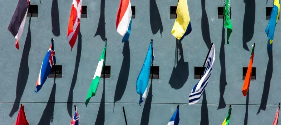  International flags emerging from windows 