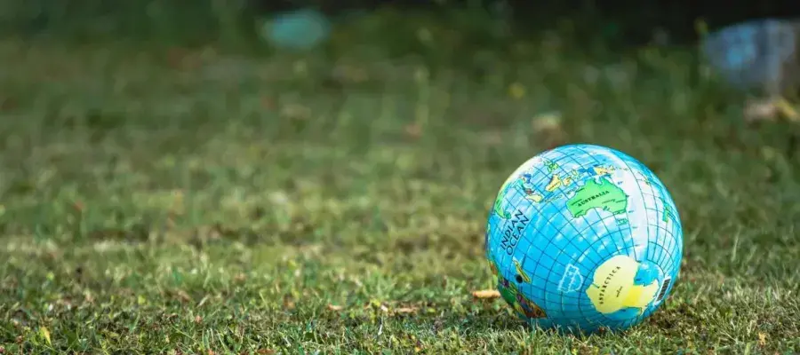 A blow up ball of the earth sits in a field of grass 