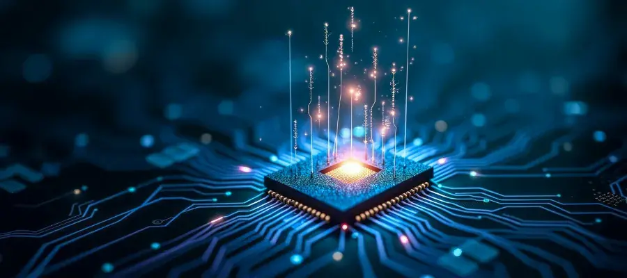 A detailed depiction of a microchip at the center, surrounded by vibrant, glowing data streams that highlight advancements in technology and computing 
