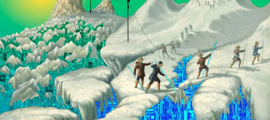 A snowy landscape with icy cliffs and towering mountains. Several explorers are shown climbing and navigating the snowy terrain, some using ropes to bridge gaps. Below the cliffs, a grid of blue electric circuits and transmission towers dot the mountains, blending the natural and technological elements of the scene. The sky is a vividly toxic green, with a orange sun glowing in the background.
