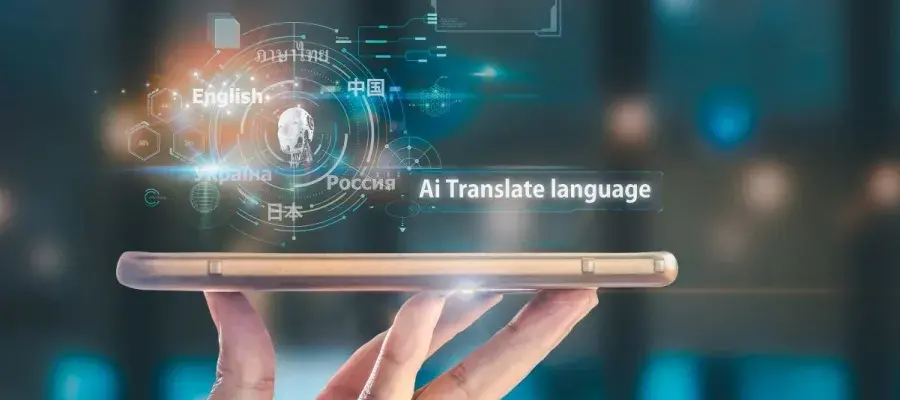 Phone in hand with different languages around it 