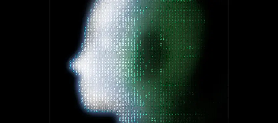Pixellated white head on black background