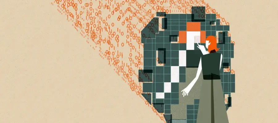 This image shows an individual with orange hair interacting with a large, abstract digital mirrored structure. The structure is composed of squares in varying shades of green, orange, white, and black which are pieced together to reflect the individual’s figure. The figure's hand is extended as if pointing to or interacting with the mirrored structure. Behind the  structure are streams of binary code (0s and 1s) in orange, flowing towards the digital grid.