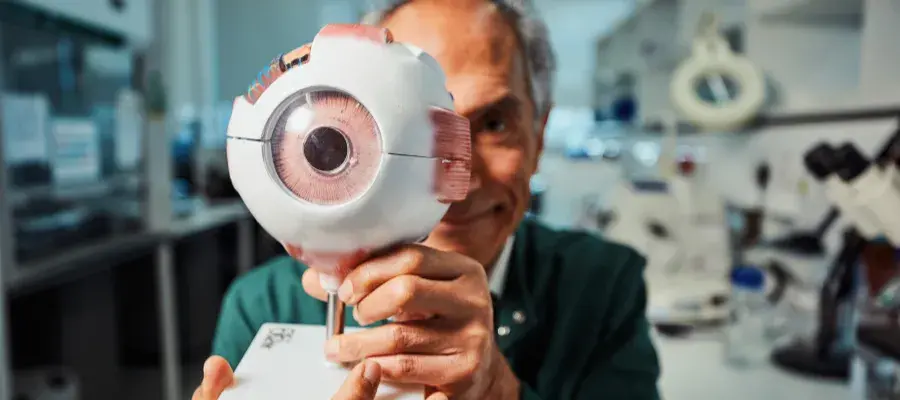 Professor Baljean Dhillon holds up an eye model