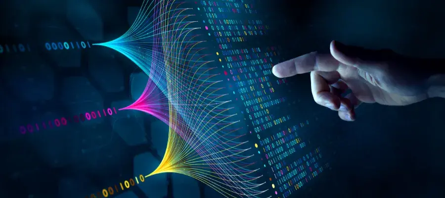 Data scientist querying, analysing and visualizing complex data set on virtual screen. 