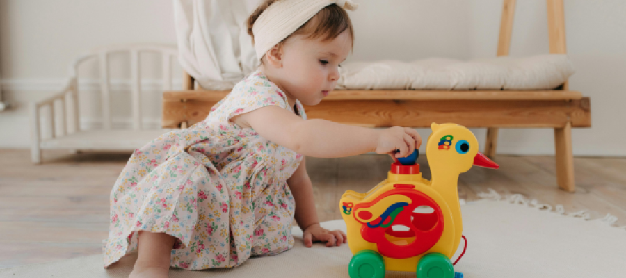 Toddler playing with colourful toy duck