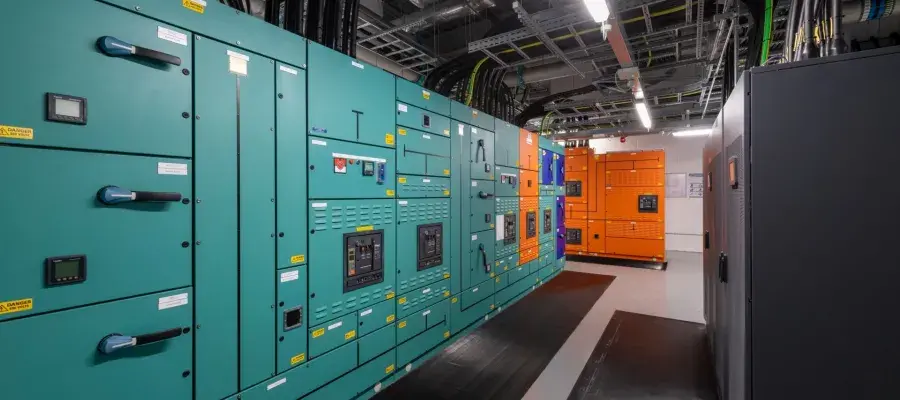 A large room and cabinets housing the supercomputing infrastructure at the University's Advanced Computing Facility.
