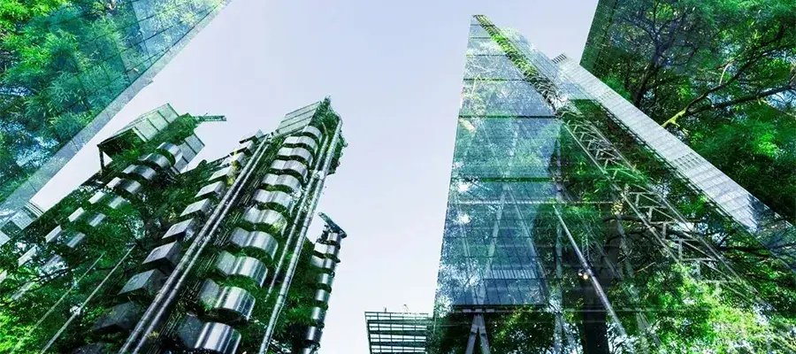 looking up view of skyscapers in a green hue
