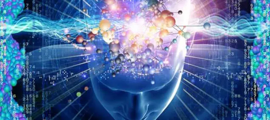 An abstract image of atoms insie the human brain