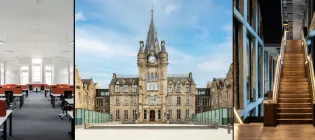 Three images of the Old Royal Infirmary (L-R): a teaching room, the front of the Institute, and a stairwell within the building