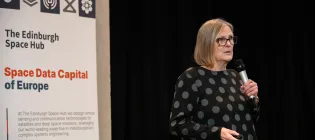 Former NASA astronaut Kathryn Sullivan addresses an audience of students and staff during her visit to the University