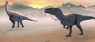 Meat-eating megalosaurs and plant-eating  sauropods mingle at site reconstruction. 'A Hidden Place'. Credit- Tone Blakesley and Scott Reid