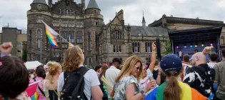 Images of the crowd at Pride Edinburgh 2019, taking place in Bristo Square