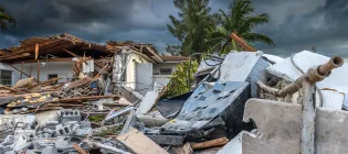 A suburban house destroyed by the passage of a hurricane