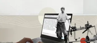 Graphic of lap top and a black and white image from an archive recording Gaelic history