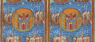 1130 depiction of Saxons, Jutes, and Angles crossing the sea to Britain. Reconstruction of a early medieval castle and boats