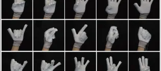 A composite image of a gloved hand making a range of different gestures