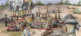 An artists impression of a burial showing a group of clothed bodies