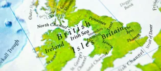 Map of the UK and Ireland looking from South West angle