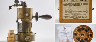 (Left) Carbolic Spray; (Right upper) student anatomical price list; (Right lower) gifts from the Muscogee Creek Nation given to the University following the repatriation of ancestral remains