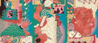 A brightly coloured mural which can be viewed in any direction. It has several scenes within it.