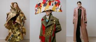Three models wearing designs by this year's ECA Fashion Graduates ahead of the graduate show, from left to right, a contemporary kimono, a military-inspired hat and coat, and a women's tailored suit and jacket.