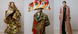 Three models wearing designs by this year's ECA Fashion Graduates ahead of the graduate show, from left to right, a contemporary kimono, a military-inspired hat and coat, and a women's tailored suit and jacket.