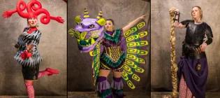 a montage of three images take on a grey backdrop. (L-R) L: an 18th century jester with large red arms coming from a head dress. Centre: magical winged cat-like character in yellow, purple and green. R: Rapunzel holding a cascading plait of hair   