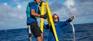 Dr Kathy Sullivan standing on the Challenger Deep capsule