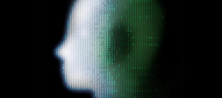 Pixellated white head on black background