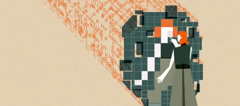 This image shows an individual with orange hair interacting with a large, abstract digital mirrored structure. The structure is composed of squares in varying shades of green, orange, white, and black which are pieced together to reflect the individual’s figure. The figure's hand is extended as if pointing to or interacting with the mirrored structure. Behind the  structure are streams of binary code (0s and 1s) in orange, flowing towards the digital grid.