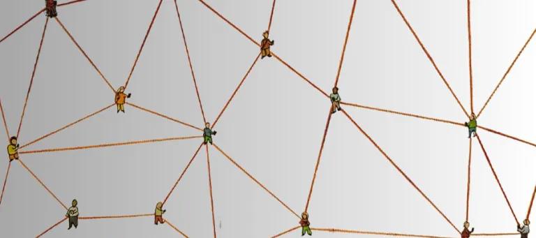 Several small cartoon representations of people are linked by brown handdrawn lines representing a network.