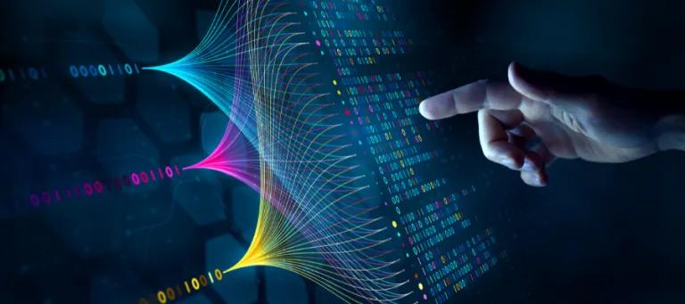 Data scientist querying, analysing and visualizing complex data set on virtual screen. 