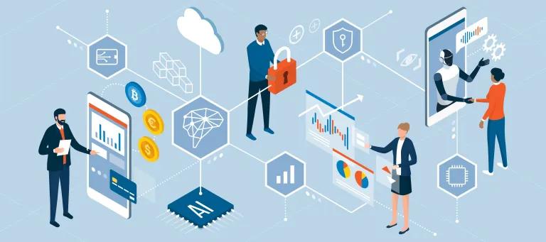 An artistic represenation of business people interacting with digital interfaces, charts and artificial intelligence