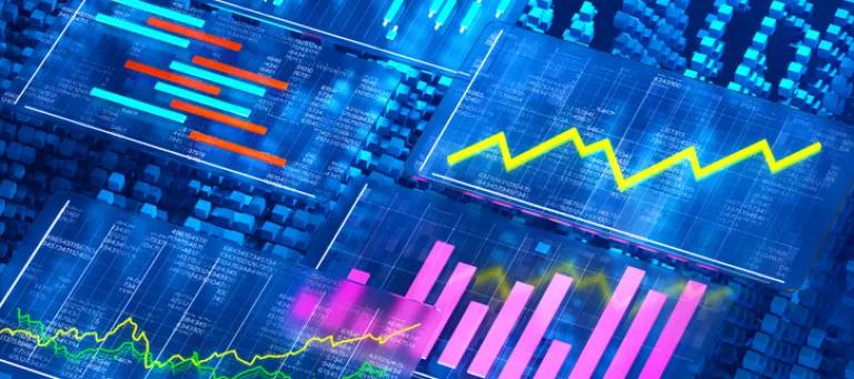 Digital generated image of multiple white cubes with abstract economy graphs and charts.