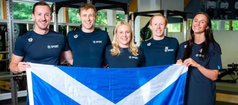 Swimming and Para Swimming stars (from l to r) Scott Gibson, Stephen Clegg, Faye Rogers, Josh Mitchell and Ciara Schlosshan. Image by Euan Cherry.