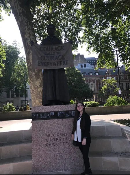Coady poses with the Millicent Fawcett recently unveiled in London, summer of 2018
