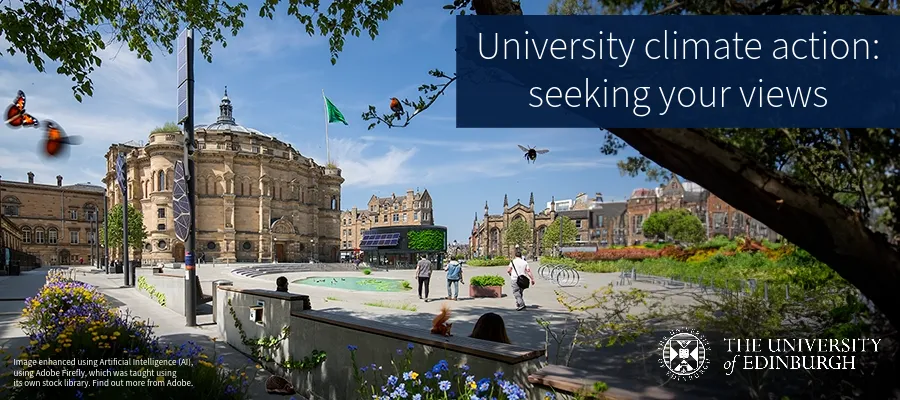 An AI generated image of McEwan from Bristo Square, showcasing how it could be greener m with more plants, trees and butterflies