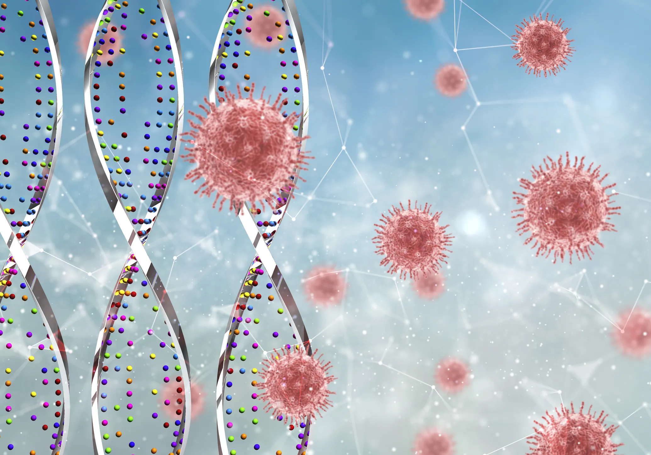A graphical representation of DNA with coronavirus floating around it