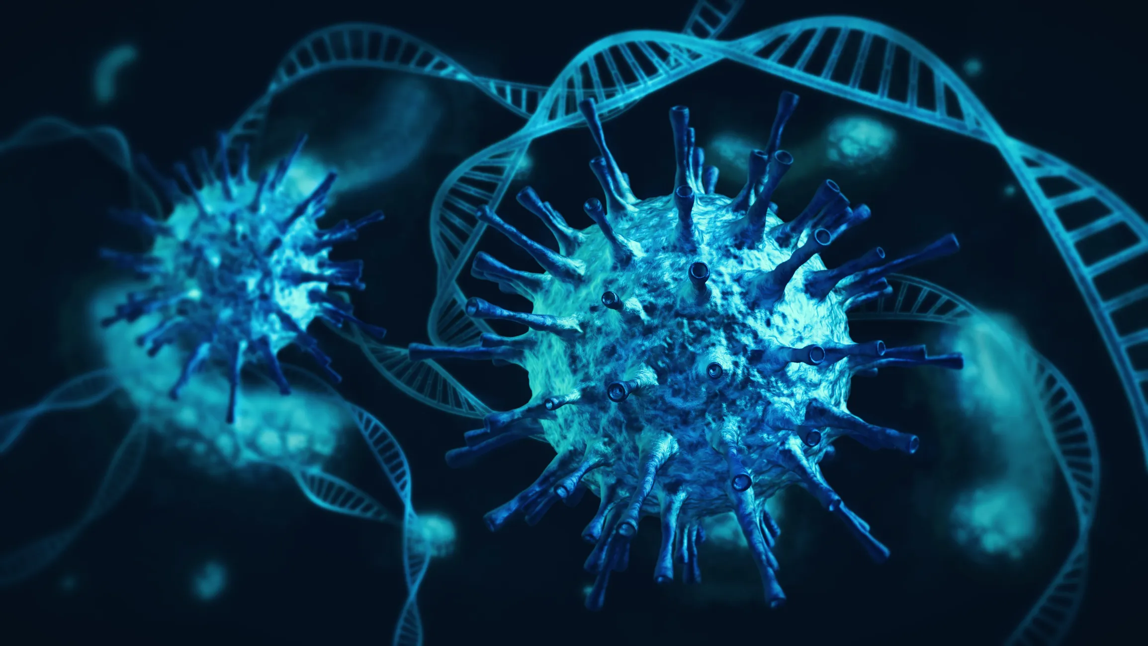 Image of coronavirus with DNA strands in the background