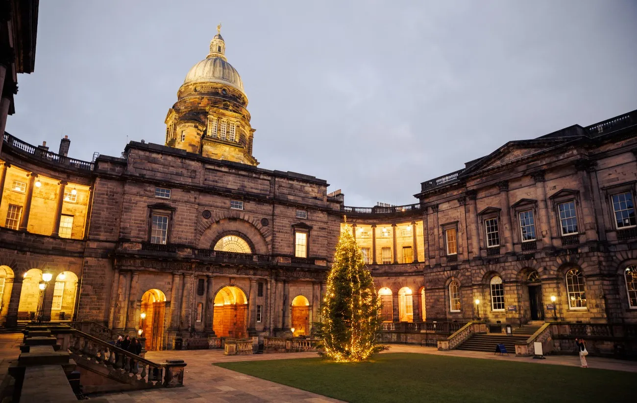 A christmas tree with its lights on in a grassy square flanked by old buildings