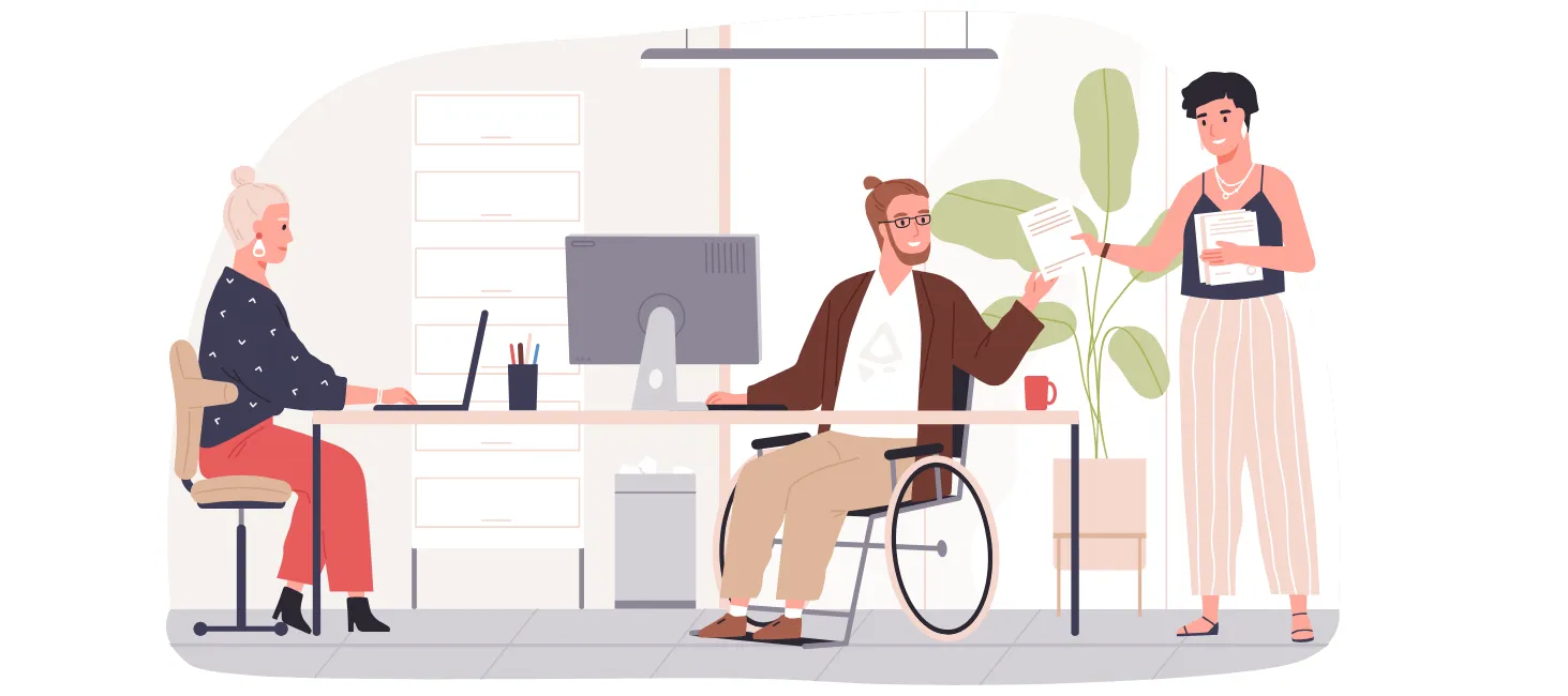 A colourful graphic showing people sitting around a desk with a range of disabilities