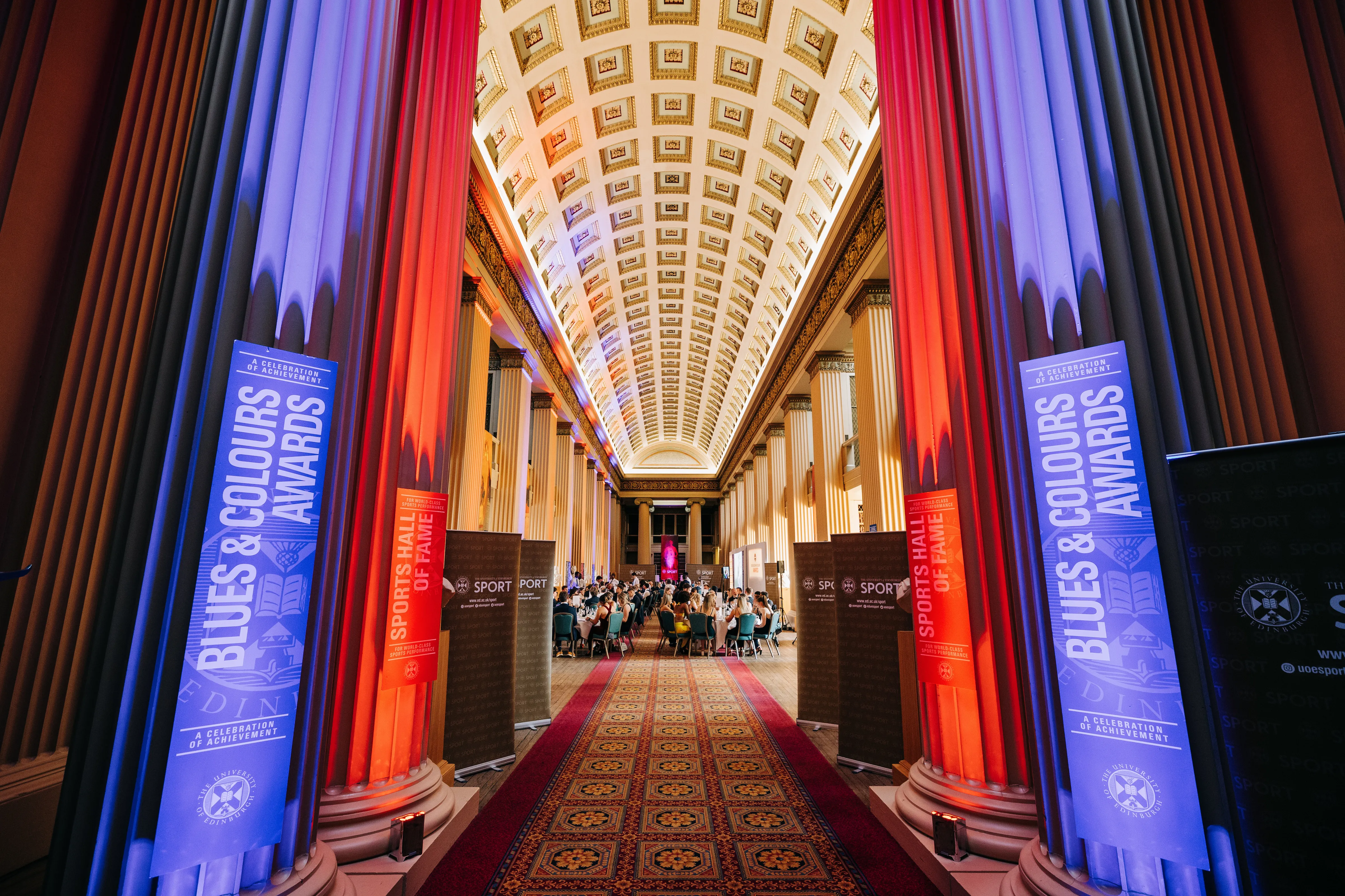 Image of entry to playfair library with Blues and Colours awards signs